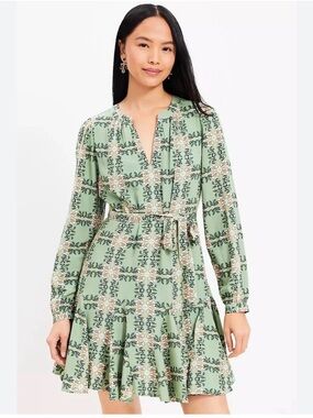 LOFT Tiled Vine Green Floral Belted Long-Sleeve Dress XL